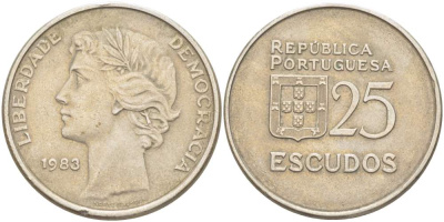 ПОРТУГАЛИЯ 25 ЭСКУДО 1983 KM 607а медно-никель 4521-1234