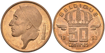Бельгия 50 сантимов 1993 Belgique KM 148.1 бронза UNC 192-466