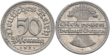 Германия 50 пфеннигов 1921 F KM 27, J.301, Weege 10 алюминий UNC 4584-754