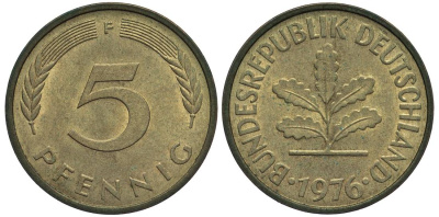 ФРГ 5 ПФЕННИГОВ 1976 F KM 107, Jager 382 сталь плакированная латунью 4547-753