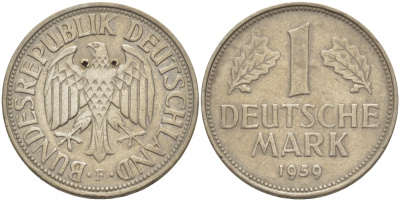 ФРГ 1 МАРКА 1959 F KM 110 J 385 медно-никель 3996-942