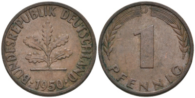 ФРГ 1 ПФЕННИГ 1950 J KM 105, J.380 сталь плакированная медью 75-416