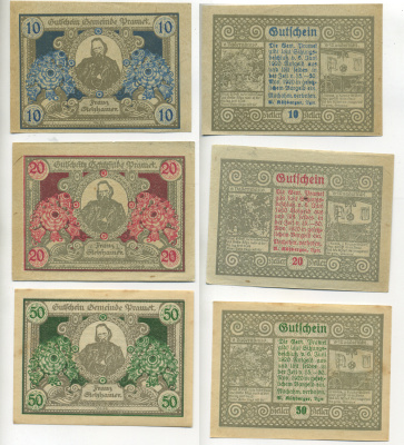 Австрия набор из 3 банкнот 1920 6 июня 1920-15 ноября 1920-30 ноября 1920, нотгельд, 10, 20, 50 геллеров, FRANZ STELZHAMER   бумага  XF 7555-9-1-2
