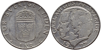 Швеция 1 крона 1977 Карл XVI Густав (1973- ) KM 852 медь плакированная медно-никелем 4397-824