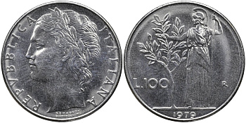 Италия 100 лир 1979 R, Афина в доспехах KM 96.1 нержавеющая сталь 4165-233
