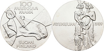 Финляндия 100 марок 1989 Центральный художественный музей Атенеум, лось KM 75 серебро UNC 1525-1335