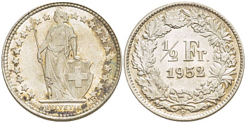 ШВЕЙЦАРИЯ 1/2 ФРАНКА 1952 В KM 23 серебро 4532-1023