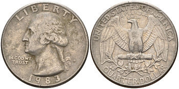 США 25 центов = квотер 1983 D, Вашингтон KM A164a медь плакированная медно-никелем 4584-1211