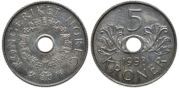 Норвегия 5 крон 1998 Харальд V (1992-) KM 463 медно-никель UNC 4579-735