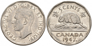 Канада 5 центов 1947 бобр Maple leaf, Георг VI (1936-1952) KM 39a никель 73-1243