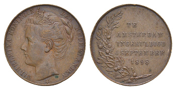 Нидерланды медаль "Коронация Вильгельмины " 1898 Коронация Вильгельмины 6 сентября 1898 года на престол Нидерландов, диаметр 23,8 мм, вес 7,14 гр медь 4044-1133