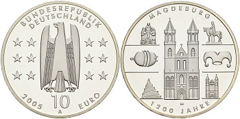 ФРГ 10 евро 2005 А, 1200 лет городу Магдебургу КМ 240, DE.S. 10.22 серебро PROOF 1076-3-42