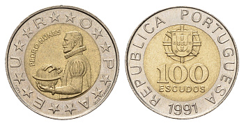 Португалия 100 эскудо 1991 Педру Нуниш (1502-1578), математик KM 645 биметалл 4675-342