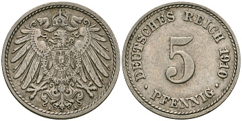 Германия 5 пфеннигов 1910 A, KM 11, J. 12 медно-никель 4608-929