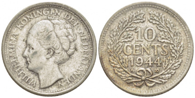 Нидерланды 10 центов 1944 Вильгельмина I (1890-1948) KM 163 серебро 3457-1228