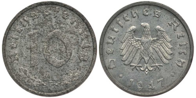 Германия 10 рейхспфеннигов 1947 F, оккупация Германии союзными войсками J. 375, KM A104 цинк UNC 4127-1233