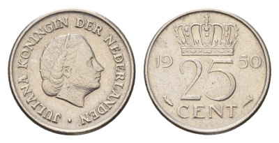 Нидерланды 25 центов 1950 Юлиана (1948-1980) KM 183 никель 4658-752