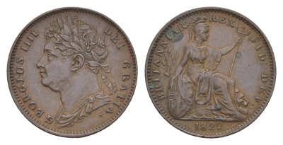 Великобритания 1 фартинг 1822 Георг IV (1820-1830) KM 677, Spink 3822 бронза 1520-1131