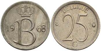 Бельгия 25 сантимов 1968 Belgique, Бодуэн I (1951-1993) KM 153.1 медно-никель 4528-1022