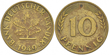 ФРГ 10 ПФЕННИГОВ 1949 D KM 103, J.378 сталь плакированная латунью 113-1045