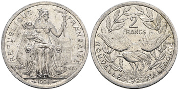 Французская Новая Каледония 2 франка 1991 птица кагу, (IEOM) KM 14, Schoen 11, Lec 67 алюминий    23-654