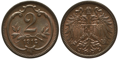 АВСТРИЯ 2 ГЕЛЛЕРА 1912 ФРАНЦ ИОСИФ (1846-1918) KM 2801 бронза 201-337