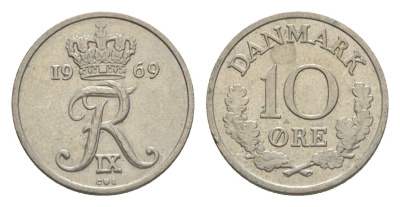 Дания 10 эре 1969 C,S, Фредерик IX (1947-1972) KM 849.1 медно-никель 4643-352