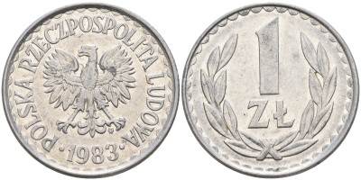 Польша 1 злотый 1983 MW KM 49.1 алюминий    4161-214