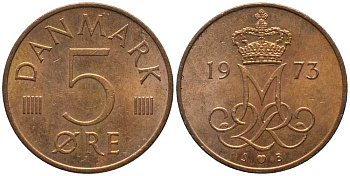Дания 5 эре 1973 S; B, Маргрете II (1972- ) KM 859.1 железо плакированное медью 116-144