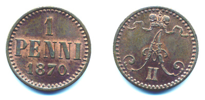 РОССИЯ ДЛЯ ФИНЛЯНДИИ 1 ПЕННИ 1870 Биткин 669 R медь UNC 00-346-45