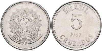 Бразилия 5 крузадо 1987 реформа (1986-1989) KM 606 нержавеющая сталь 4178-554