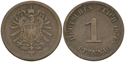 Германия 1 пфенниг 1876 B, Вильгельм I (1871-1888) KM 1, J. 1 медь 4602-1249
