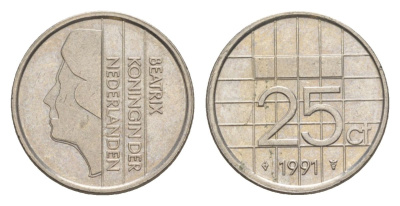 Нидерланды 25 центов 1991 Беатрикс (1980-2013) KM 204 никель aUNC 4630-1117