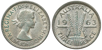 Австралия 3 пенса 1963 m, Елизавета II (1952-2022) KM 57 серебро 71-856