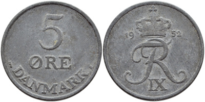 ДАНИЯ 5 ЭРЕ 1952 N; S, ФРЕДЕРИК IX (1947-1972) KM 843.1 цинк 47-641