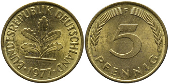 ФРГ 5 пфеннигов 1977 F KM 107, J.382 сталь плакированная латунью 99-113