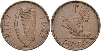 Ирландия 1 пенни 1943 курица с цыплятами KM 11 бронза 88-831