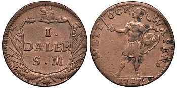 ШВЕЦИЯ 1 ДАЛЕР 1717 S.M., ЧРЕЗВЫЧАЙНЫЙ ВЫПУСК, REASSON AND ARMS KM 355 медь 00-00-00
