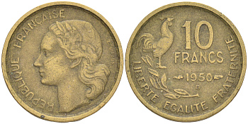 Франция 10 франков 1950 B, петух KM 915.2, Le Franc 363.5 алюминиевая бронза 4556-145