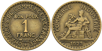 Франция 1 франк 1923 KM 876, Le Franc 218.5 алюминиевая бронза 4142-742