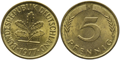 ФРГ 5 пфеннигов 1977 F KM 107, J.382 сталь плакированная латунью 99-113