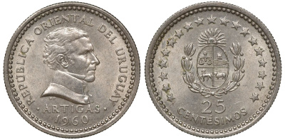 Уругвай 25 сентесимо 1960 KM 40 медно-никель 4169-947