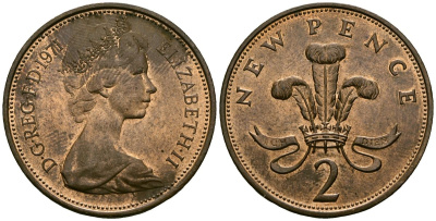 Великобритания 2 пенса 1971 Елизавета II (1952-2022) KM 916, Spink 4235 (C1) бронза 4384-647