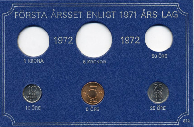 Швеция 5, 10, 25 эре 1972 Густав VI Адольф (1950-1973) в картоне набора монетного двора UNC 7-5-7-268