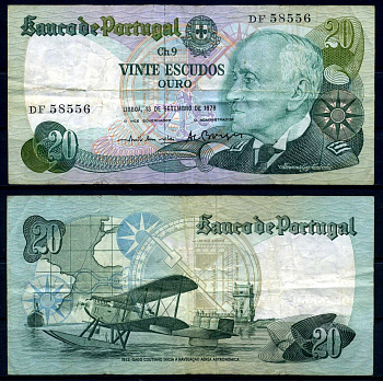 Португалия 20 эскудо 1978 13 сентября 1978,Гагу Коутинью, signatures: Em?lio Rui da Veiga Peixoto Vilar & Ant?nio Jos? Nunes Loureiro Borges Pick 176а(5) бумага 7204-15-2-2