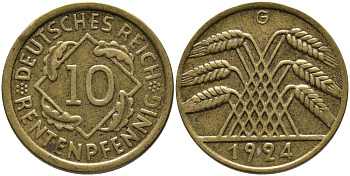 Германия 10 рентенпфеннигов 1924 G KM 33, J.309 алюминиевая бронза 96-634