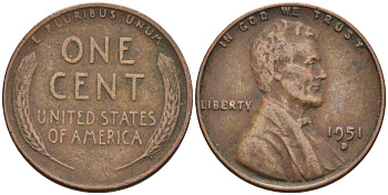 США 1 цент 1951 D, Линкольн KM А132 медь цинк 4115-813