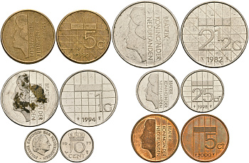 Нидерланды набор из 6 монет 1975-2000 королева Беатрикс, монеты из обращения в оригинальной круглой жестяной коробке 1-6-4-29