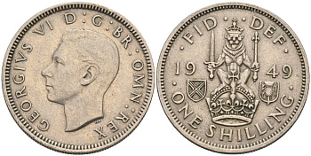 Великобритания 1 шиллинг 1949 Георг VI (1936-1952), Шотландский герб KM 877, Spink 4109 медно-никель 4126-411