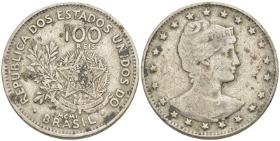 БРАЗИЛИЯ 100 РЕЙС 1901 ГОЛОВА СВОБОДЫ ВПРАВО, РИМСКАЯ НУМЕРАЦИЯ ДАТЫ KM 503 медно-никель 4529-541